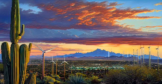 A panoramic view of Tucson with wind turbines and a colorful sunset.