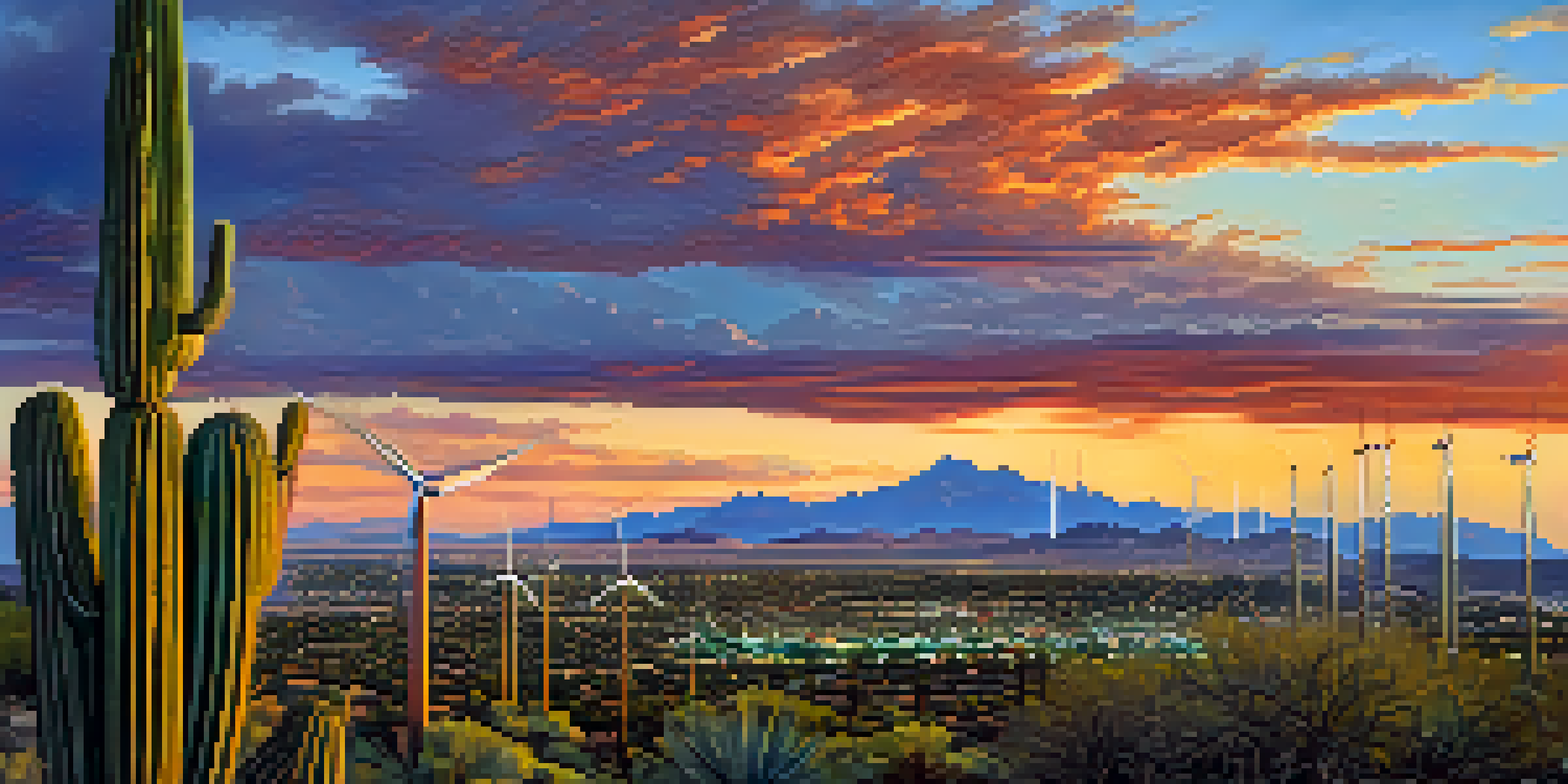 A panoramic view of Tucson with wind turbines and a colorful sunset.