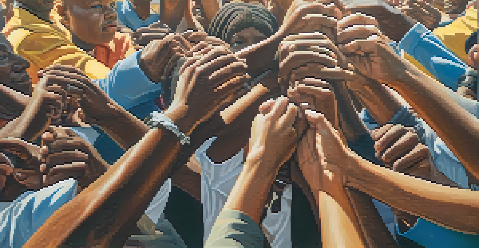 Close-up of diverse hands joined together against a backdrop of protest signs, symbolizing unity in civil rights.