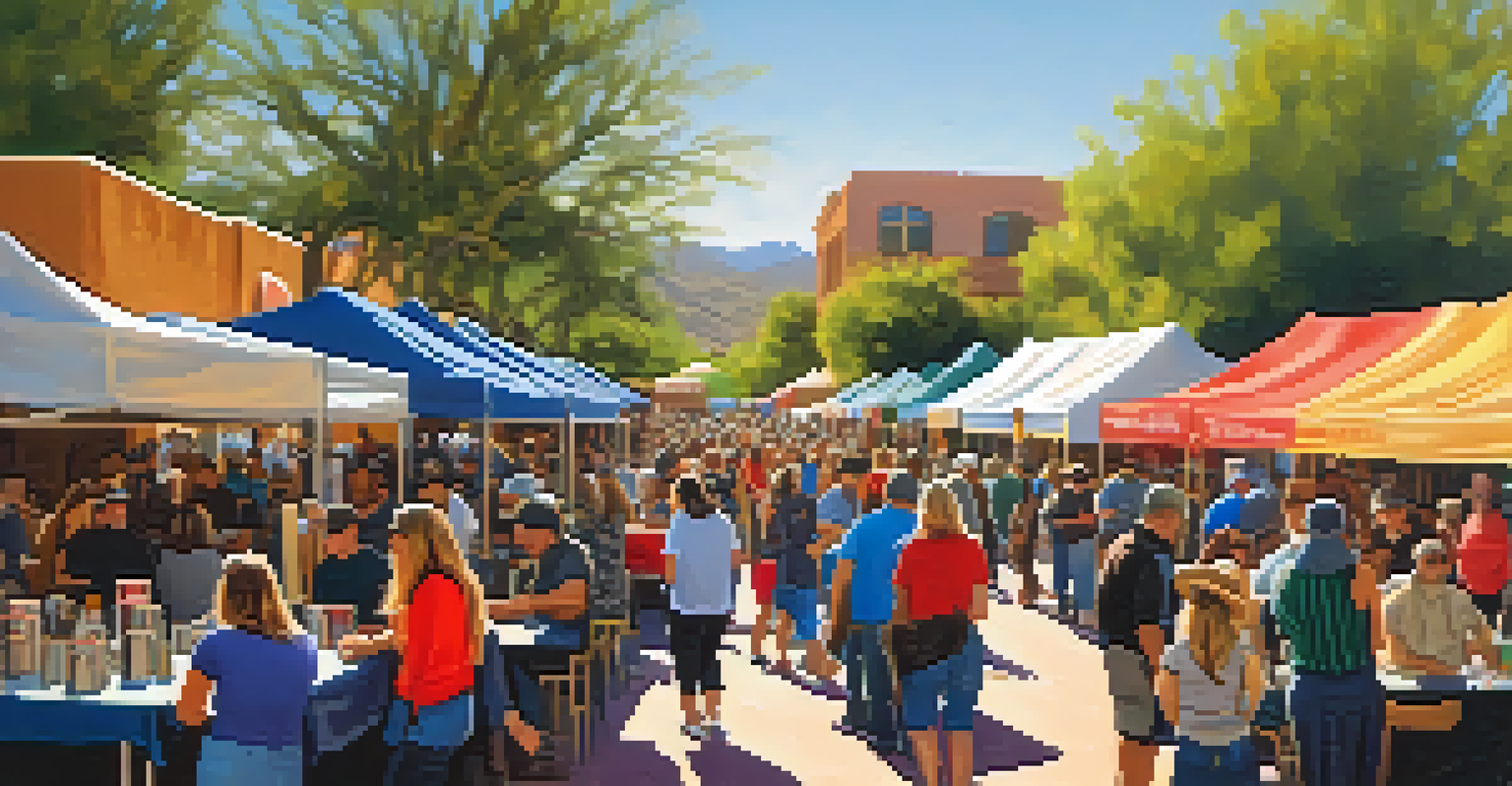 Outdoor scene of the Tucson Coffee Festival with local roasters, colorful banners, and attendees sampling coffee.