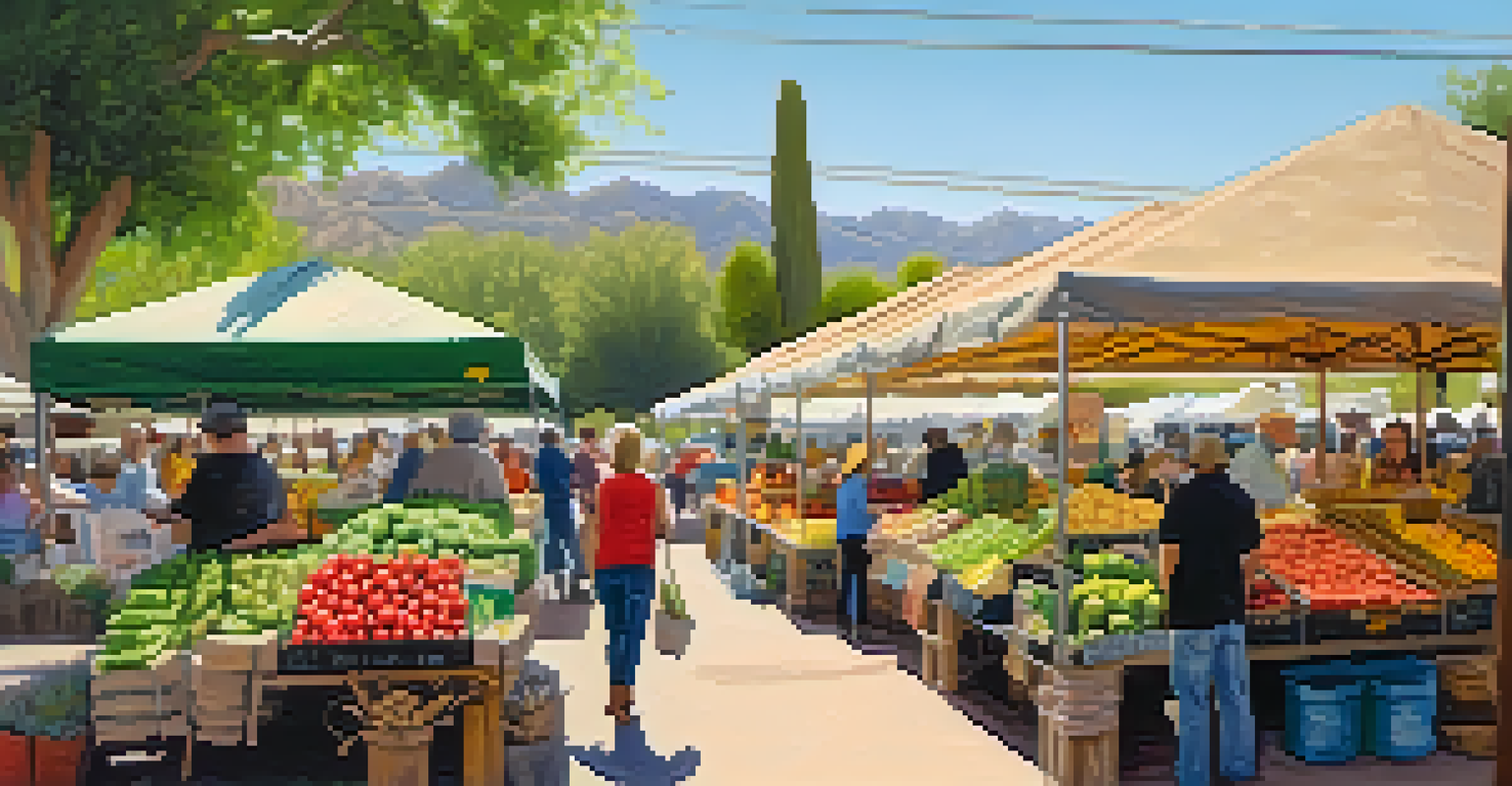 A bustling organic farmer's market in Tucson with fresh produce and customers interacting with farmers under sunlight.