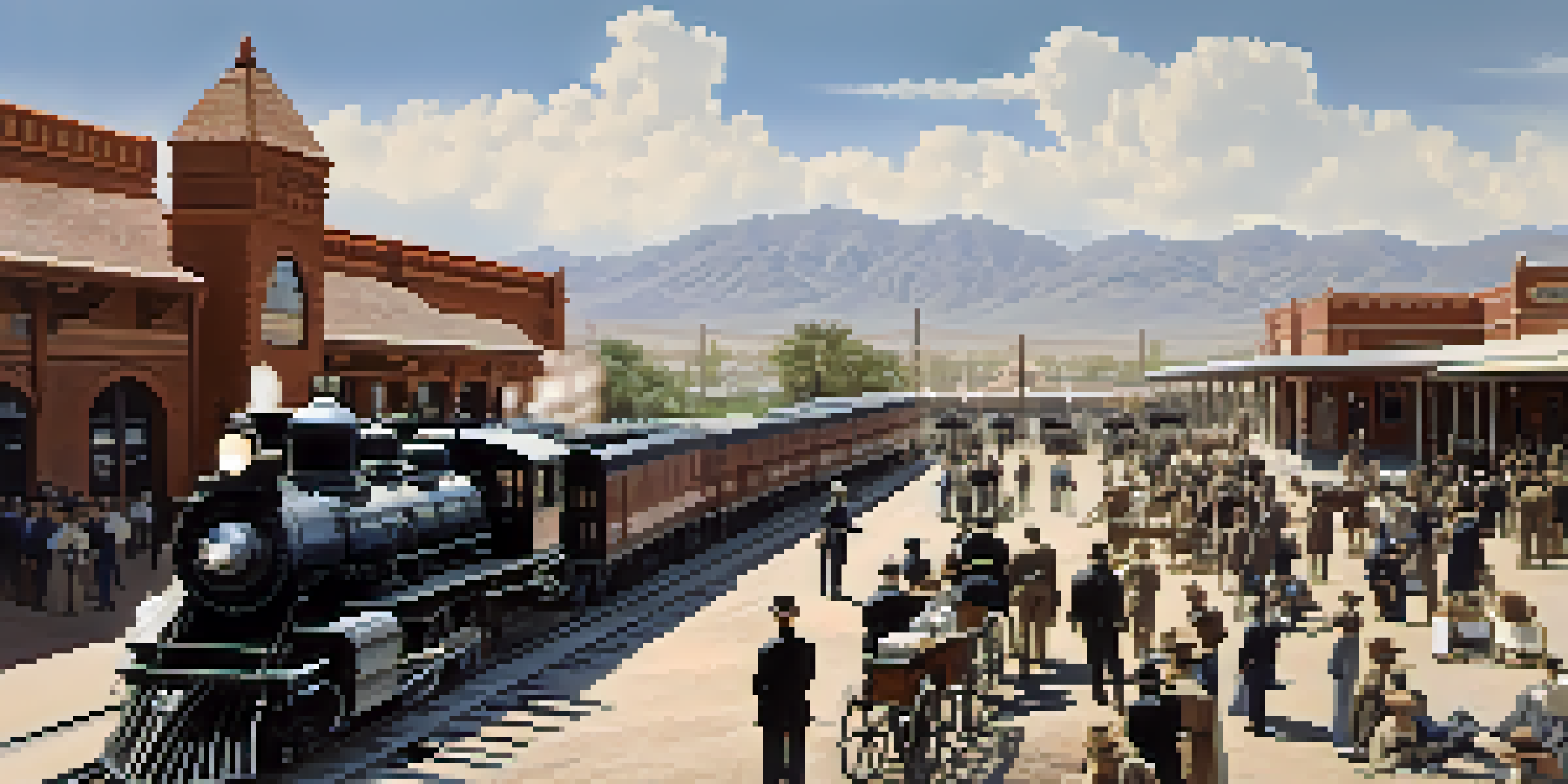 A historic black and white photograph of Tucson's Southern Pacific Railroad station, featuring steam locomotives and busy crowds.