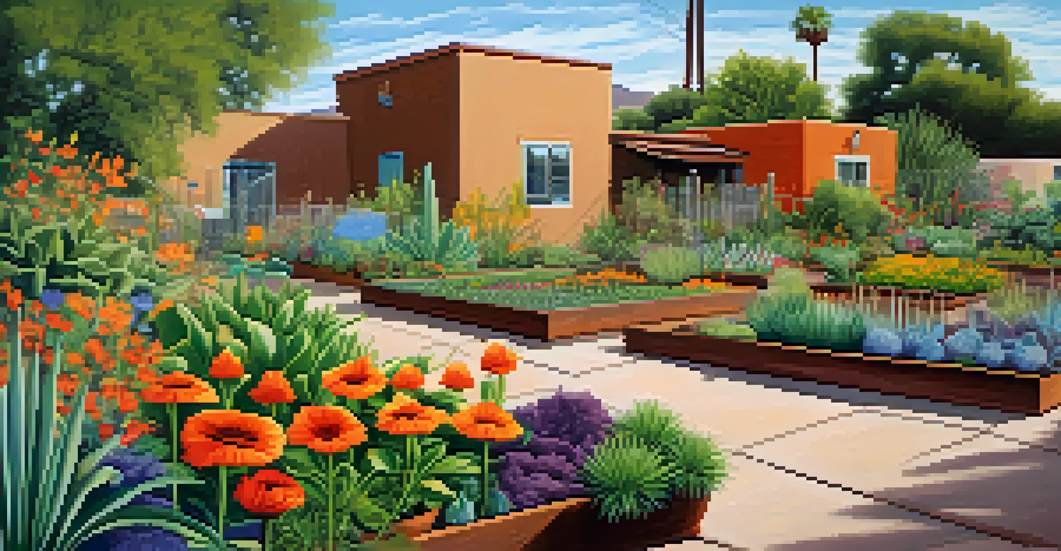 A vibrant urban garden with raised vegetable beds, colorful flowers, and a mural of local wildlife in Tucson.