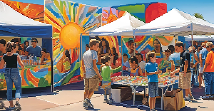 A lively community art fair in Tucson with young artists collaborating on a mural and visitors viewing art installations under bright tents.