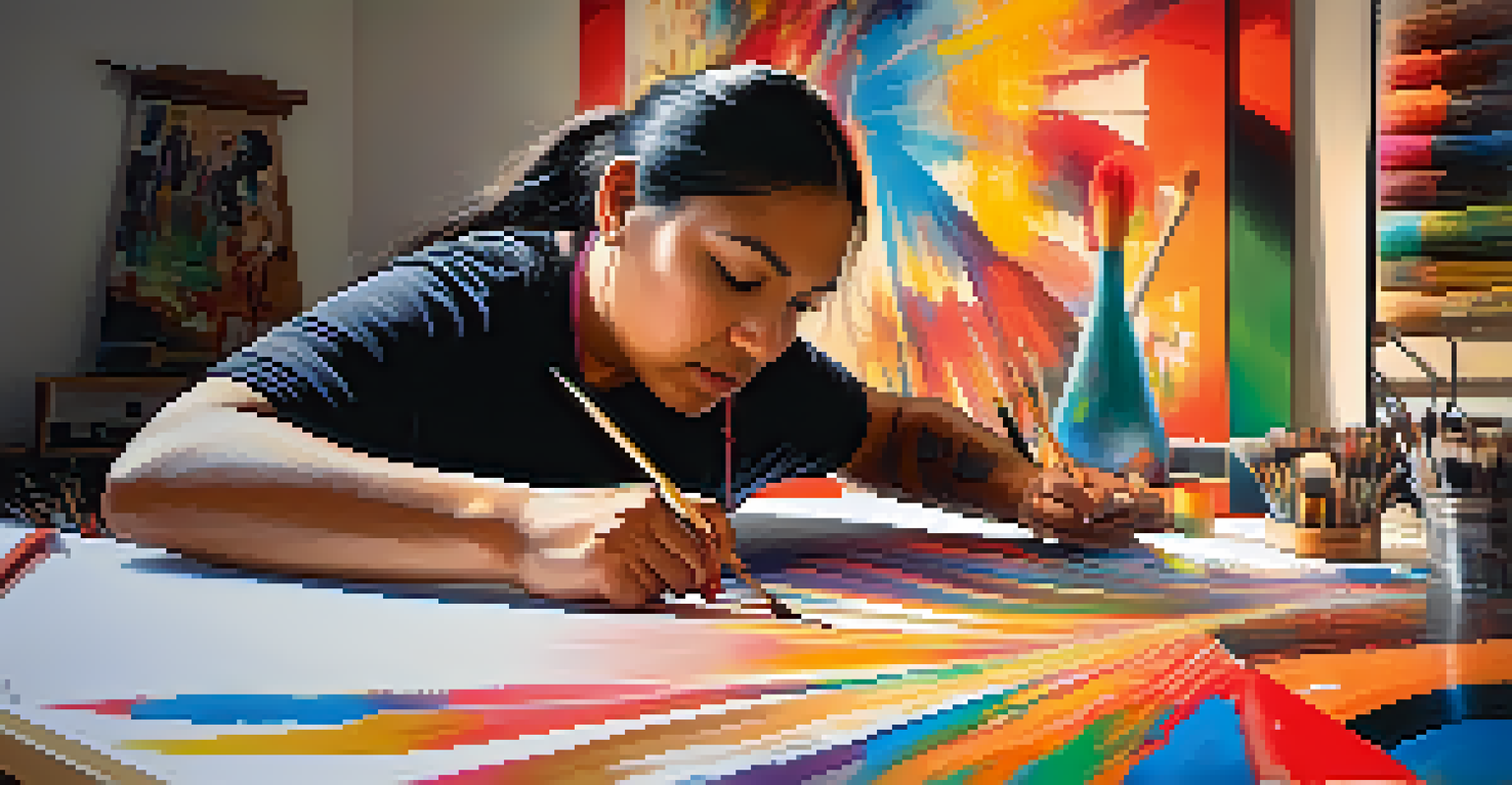 An Indigenous artist in Tucson painting a large canvas that combines traditional and modern art styles in a well-lit studio.