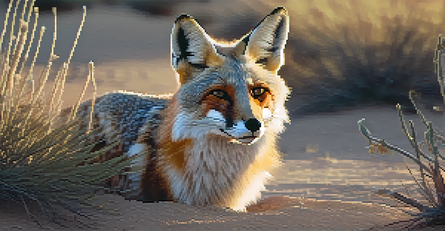 A close-up of a desert fox in twilight, showcasing its alert expression among desert plants.