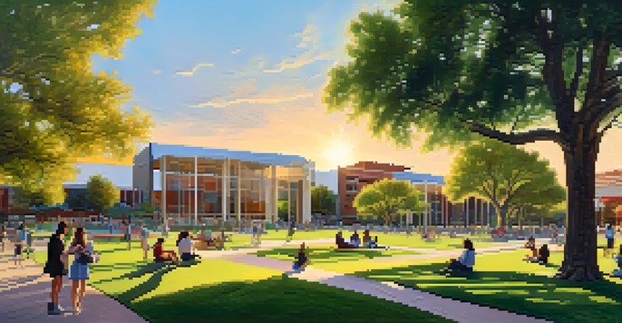 A panoramic view of the University of Arizona campus with students working together under trees during sunset.