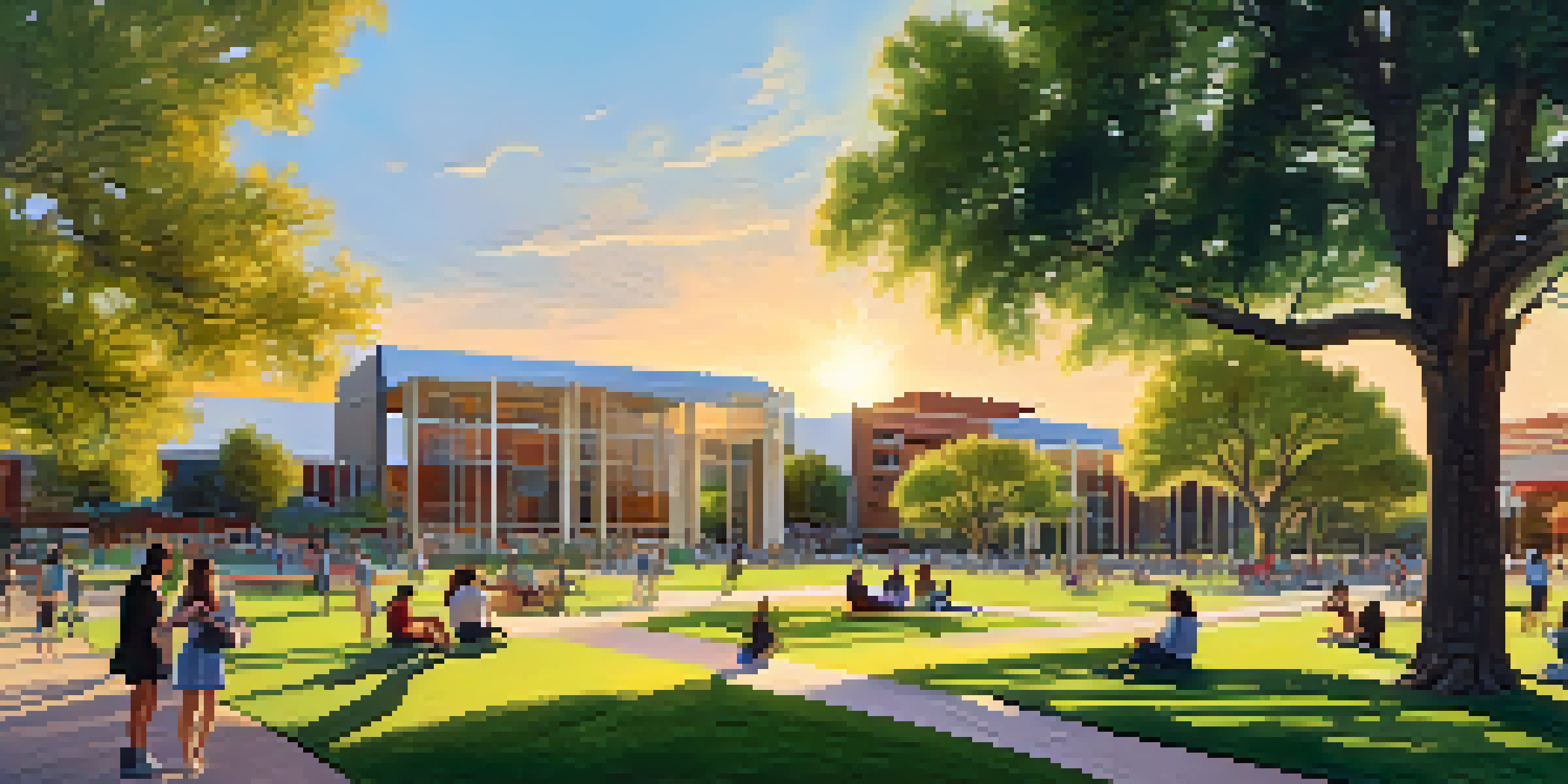 A panoramic view of the University of Arizona campus with students working together under trees during sunset.