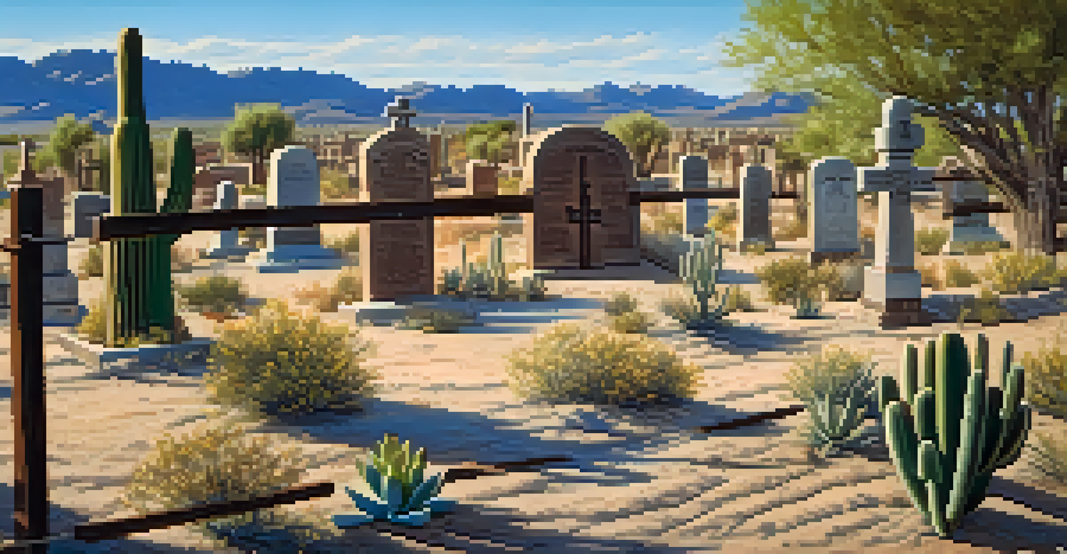 Boot Hill Cemetery in Tombstone with unique grave markers and surrounding desert vegetation under a clear blue sky.
