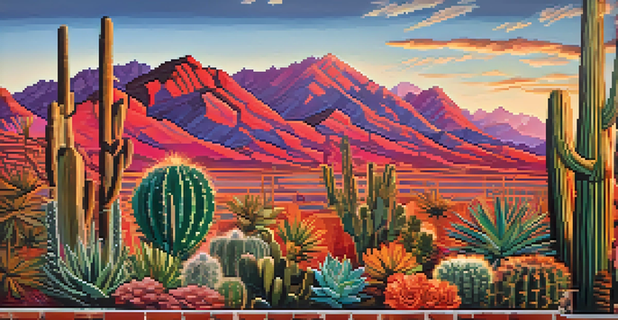 A colorful mural illustrates Tucson's landscapes with cacti and mountains, incorporating Indigenous patterns.