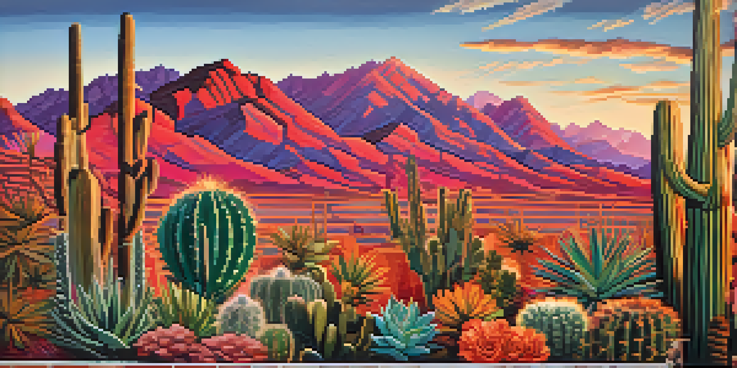 A colorful mural illustrates Tucson's landscapes with cacti and mountains, incorporating Indigenous patterns.