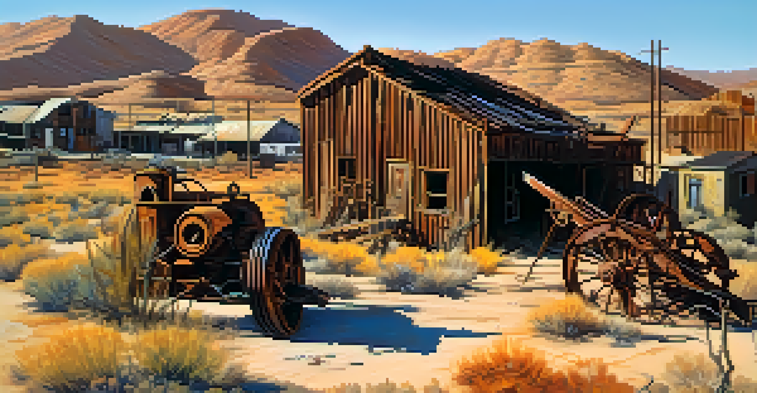 An abandoned mining town with rusted machinery and crumbling buildings in a vibrant desert landscape.