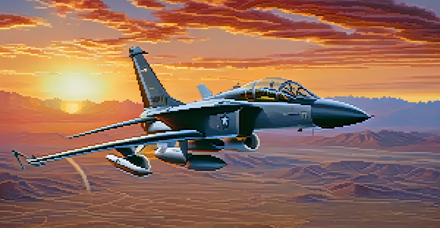 Military aircraft flying over the Tucson desert landscape during a vibrant sunset.