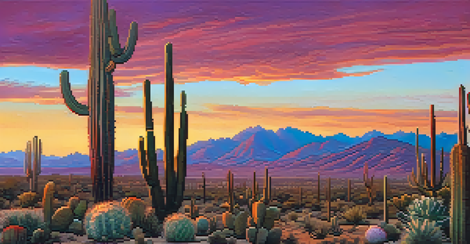 A scenic sunset in the Tucson desert with various cacti, including tall saguaros and colorful prickly pears, under a vibrant sky.