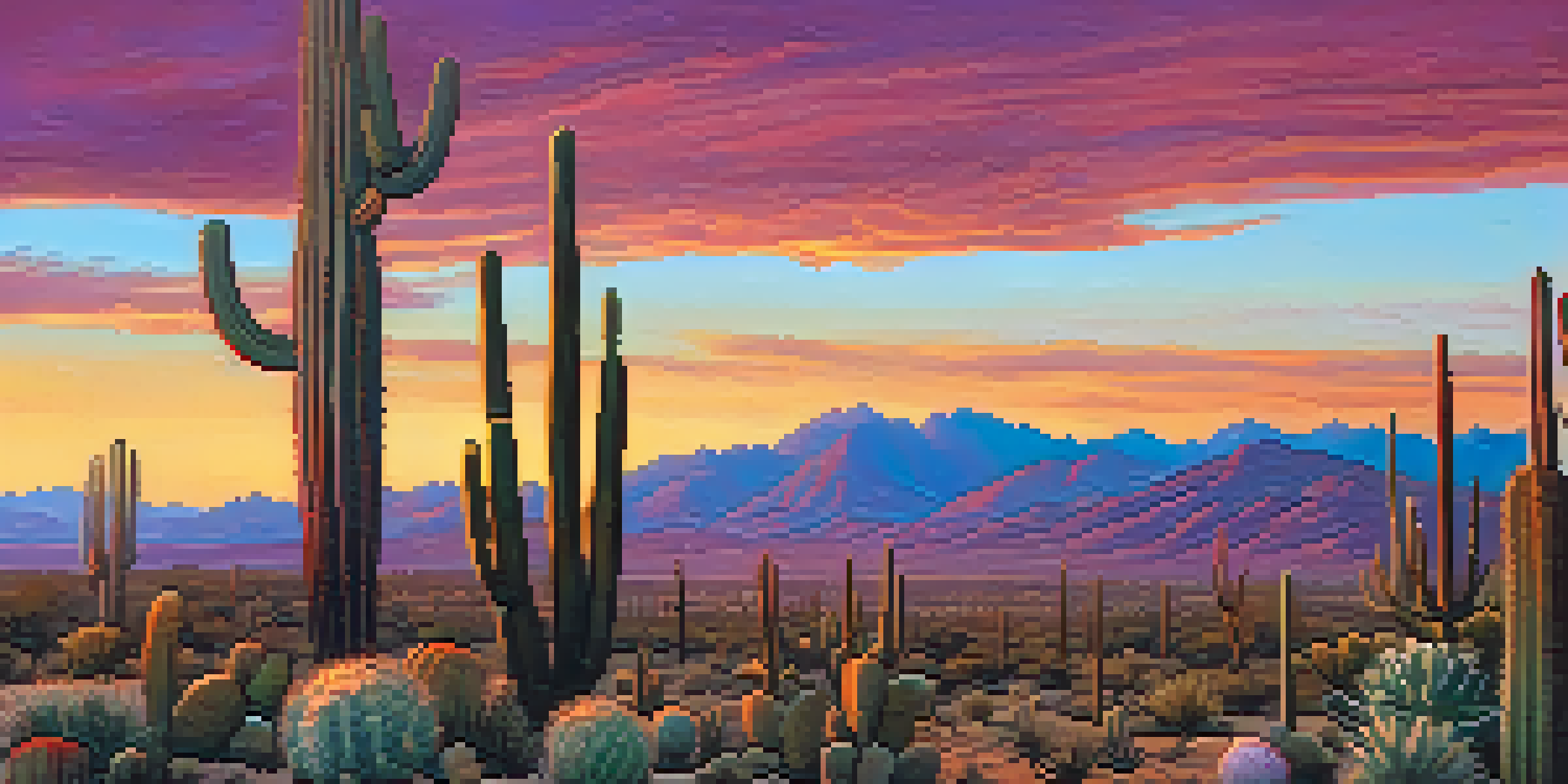 A scenic sunset in the Tucson desert with various cacti, including tall saguaros and colorful prickly pears, under a vibrant sky.