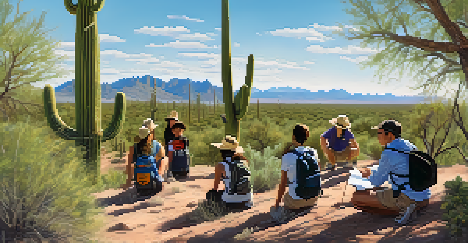 Participants on a guided hike in Saguaro National Park, surrounded by saguaro cacti and a clear blue sky, engaged in outdoor education activities.