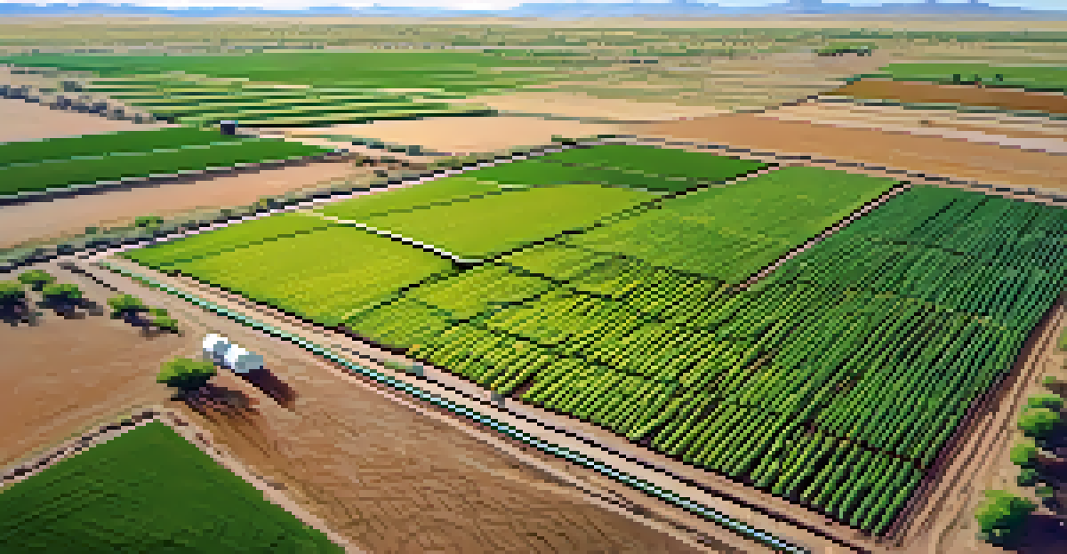 An aerial view of a Tucson agricultural field using drip irrigation, showing lush crops against an arid landscape.