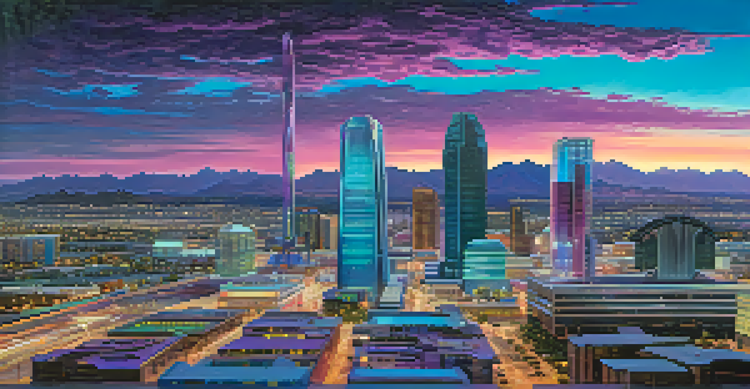 A futuristic depiction of Tucson's skyline with modern buildings and technology like holographic displays and drones.