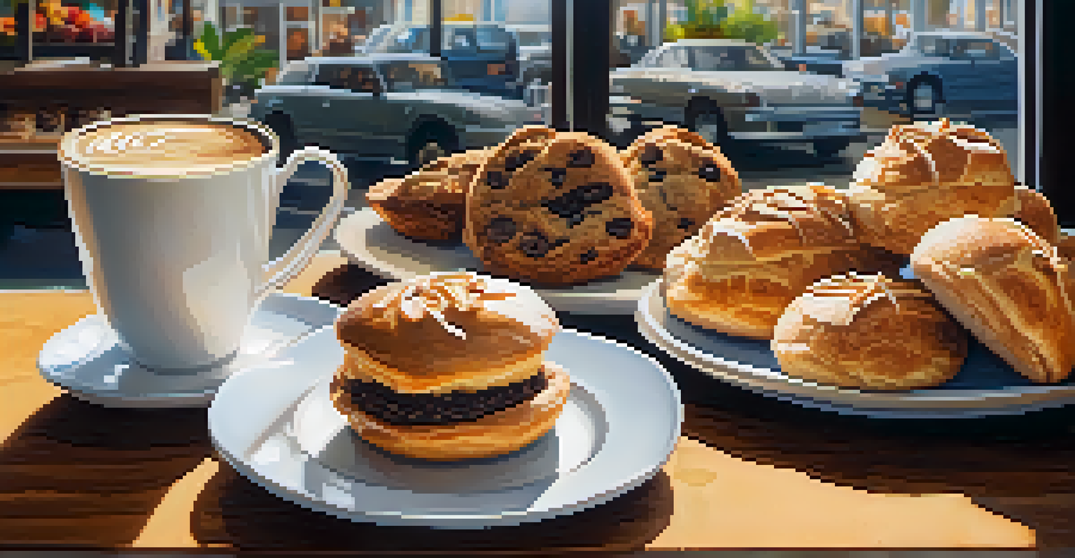 A variety of vegan pastries including cookies and muffins on a wooden table beside a cup of coconut milk latte in a bright coffee shop.