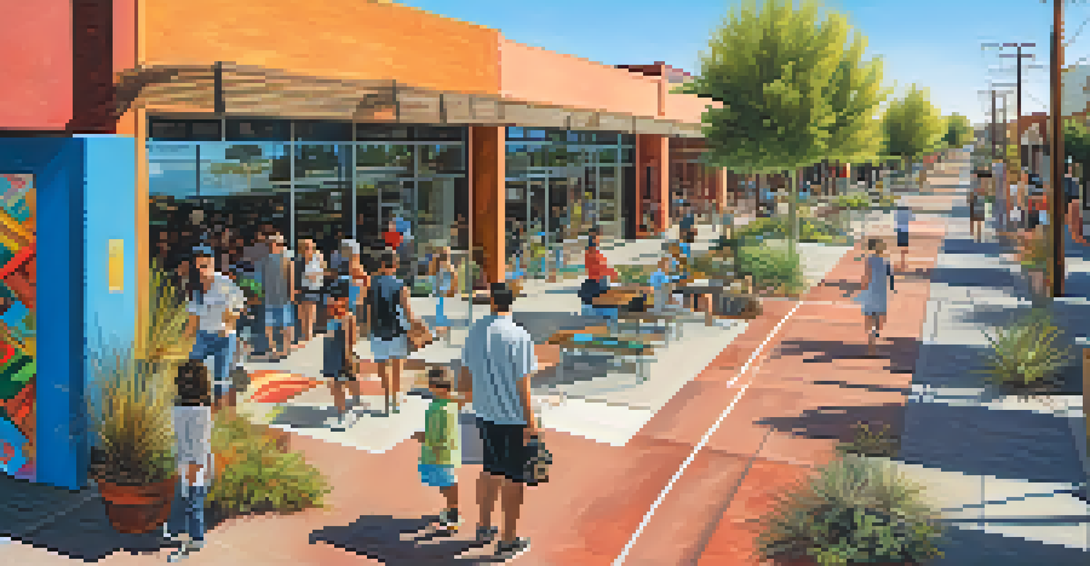 A modern urban space in Tucson, showcasing a pedestrian pathway where former railroad tracks were repurposed, filled with art and greenery.