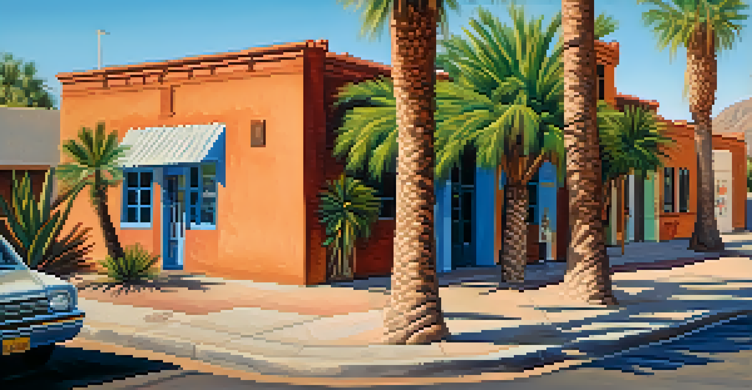An urban scene in Tucson with adobe buildings and colorful murals.