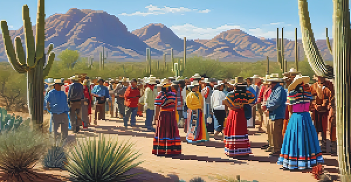 A colorful gathering of Tohono O'odham people in traditional attire under a clear blue sky, surrounded by desert plants.