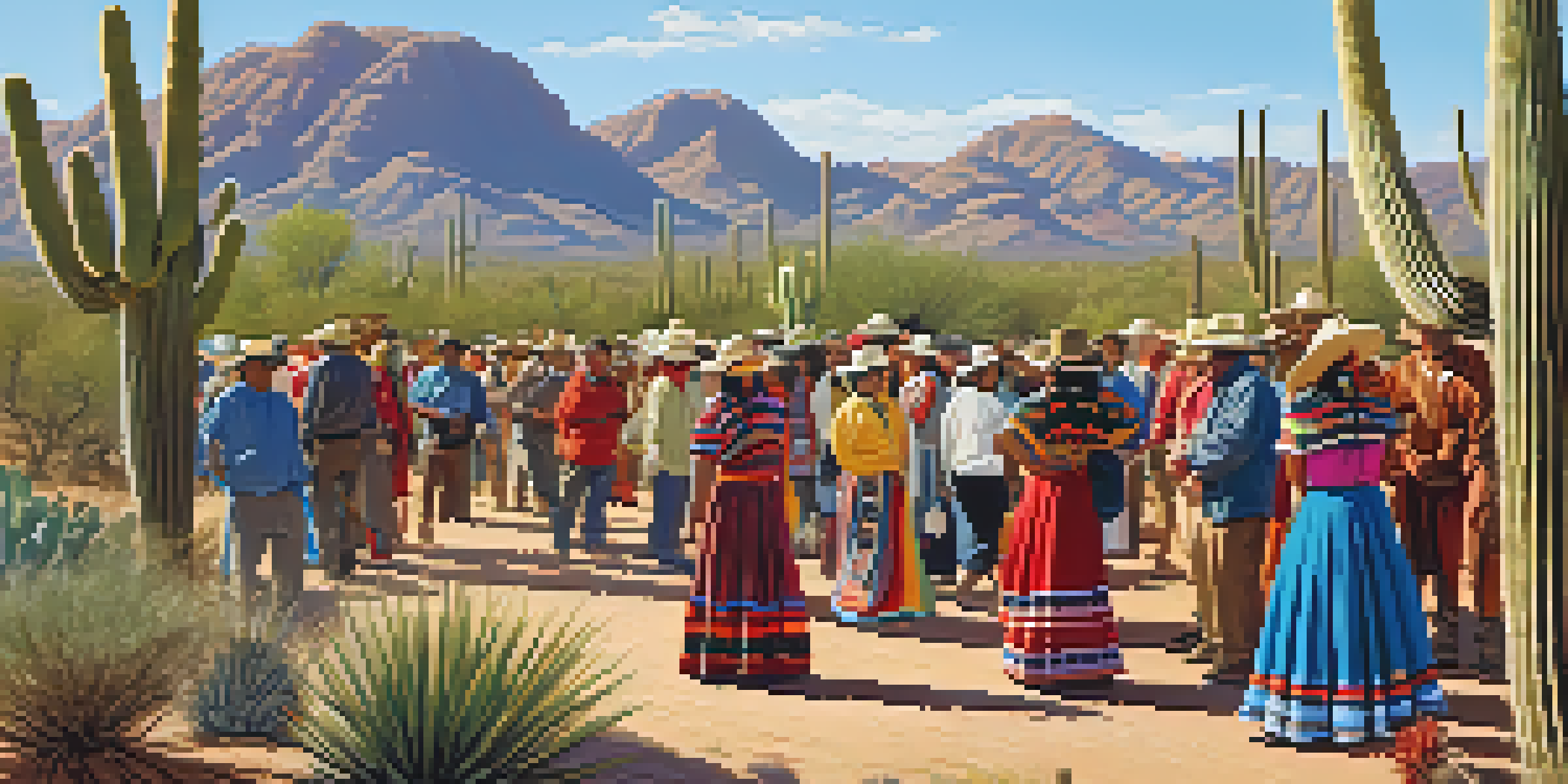 A colorful gathering of Tohono O'odham people in traditional attire under a clear blue sky, surrounded by desert plants.