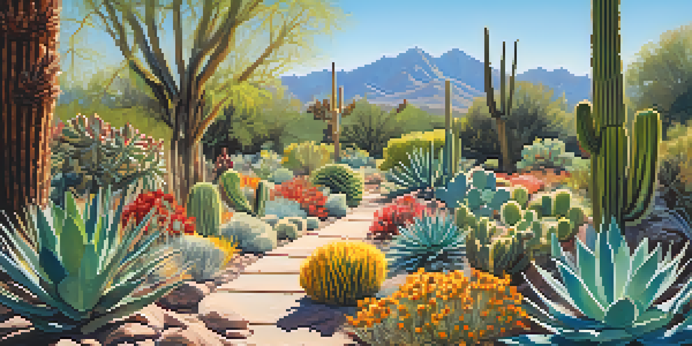 A colorful array of native plants in Tucson's botanical gardens, featuring cacti and wildflowers under a clear blue sky with soft sunlight filtering through trees.