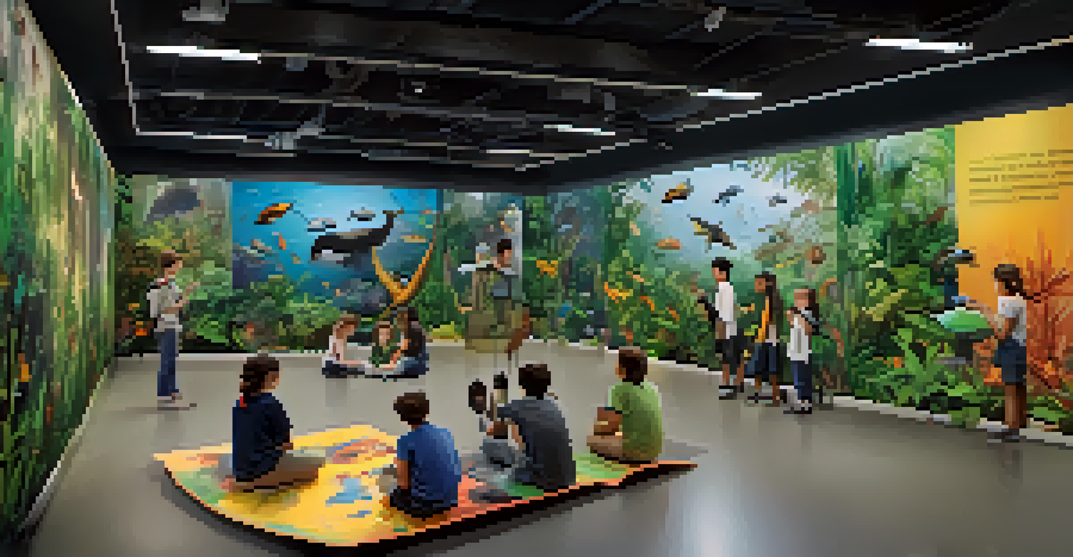 Students using virtual reality headsets in a classroom to explore various ecosystems, surrounded by colorful educational posters.