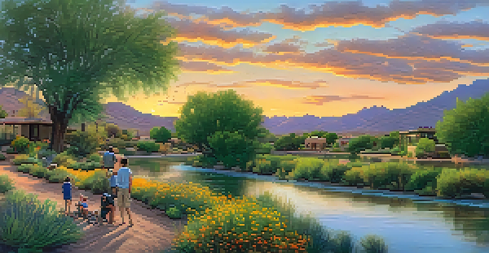 A peaceful scene of the Santa Cruz River with a sunset, families enjoying a picnic, and native birds in the sky.
