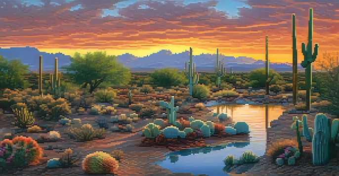 A peaceful desert landscape in Tucson, Arizona, featuring cacti and traditional floodwater harvesting methods with basins and channels under a colorful sunset.