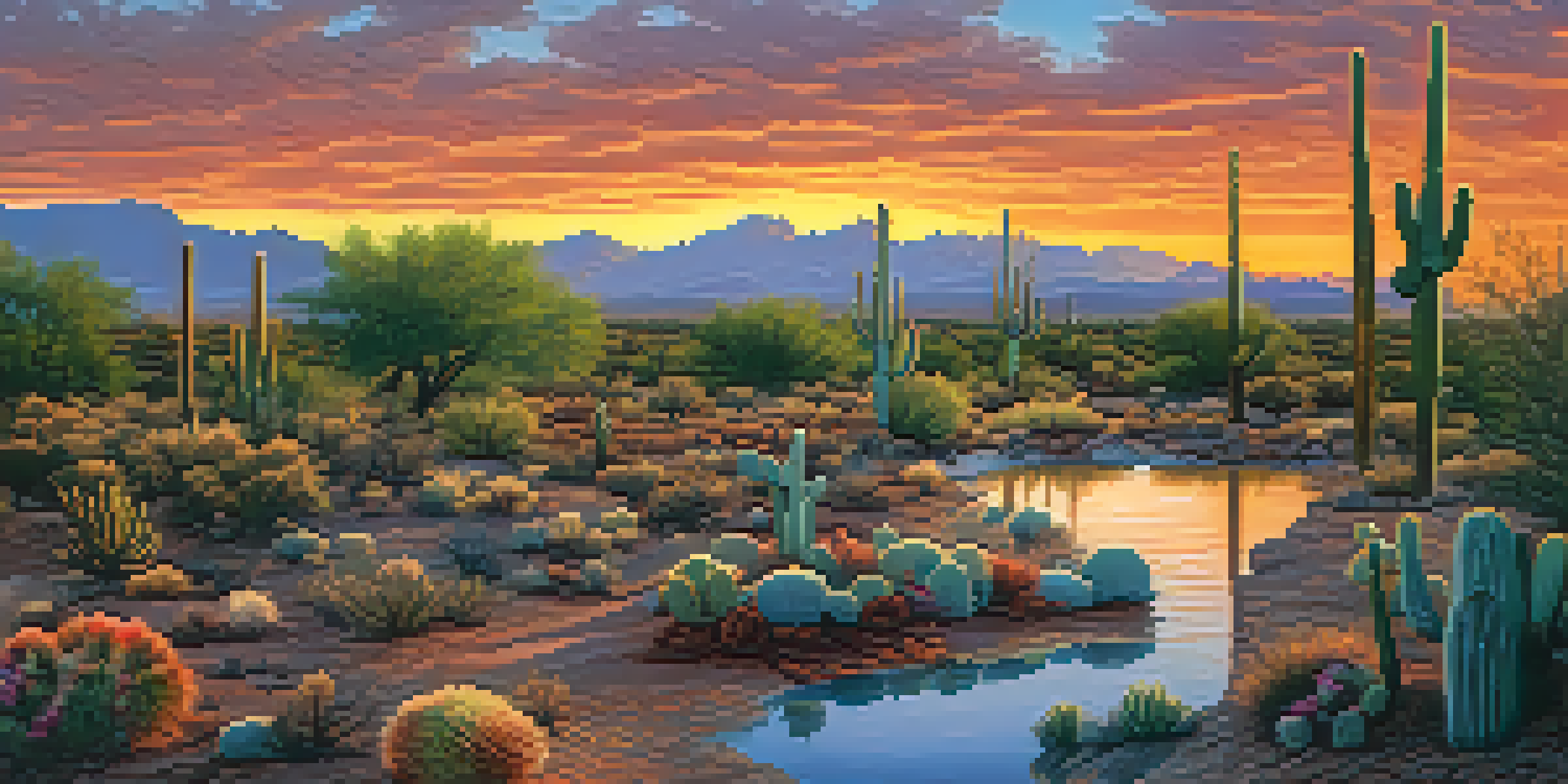 A peaceful desert landscape in Tucson, Arizona, featuring cacti and traditional floodwater harvesting methods with basins and channels under a colorful sunset.