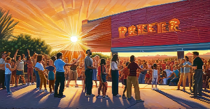 A diverse group of actors rehearsing outdoors in front of a colorful mural with a sunset in the background and an audience watching.