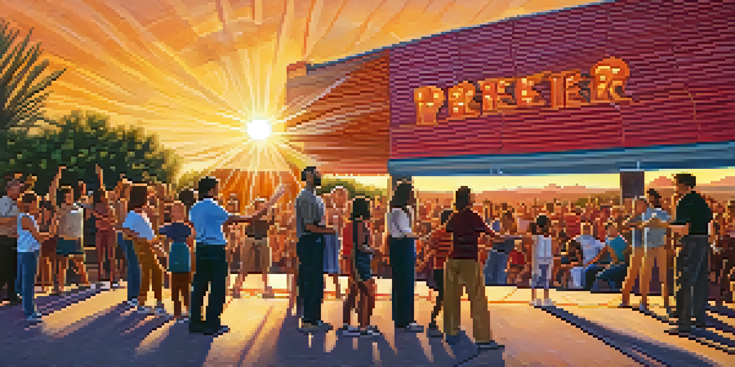 A diverse group of actors rehearsing outdoors in front of a colorful mural with a sunset in the background and an audience watching.