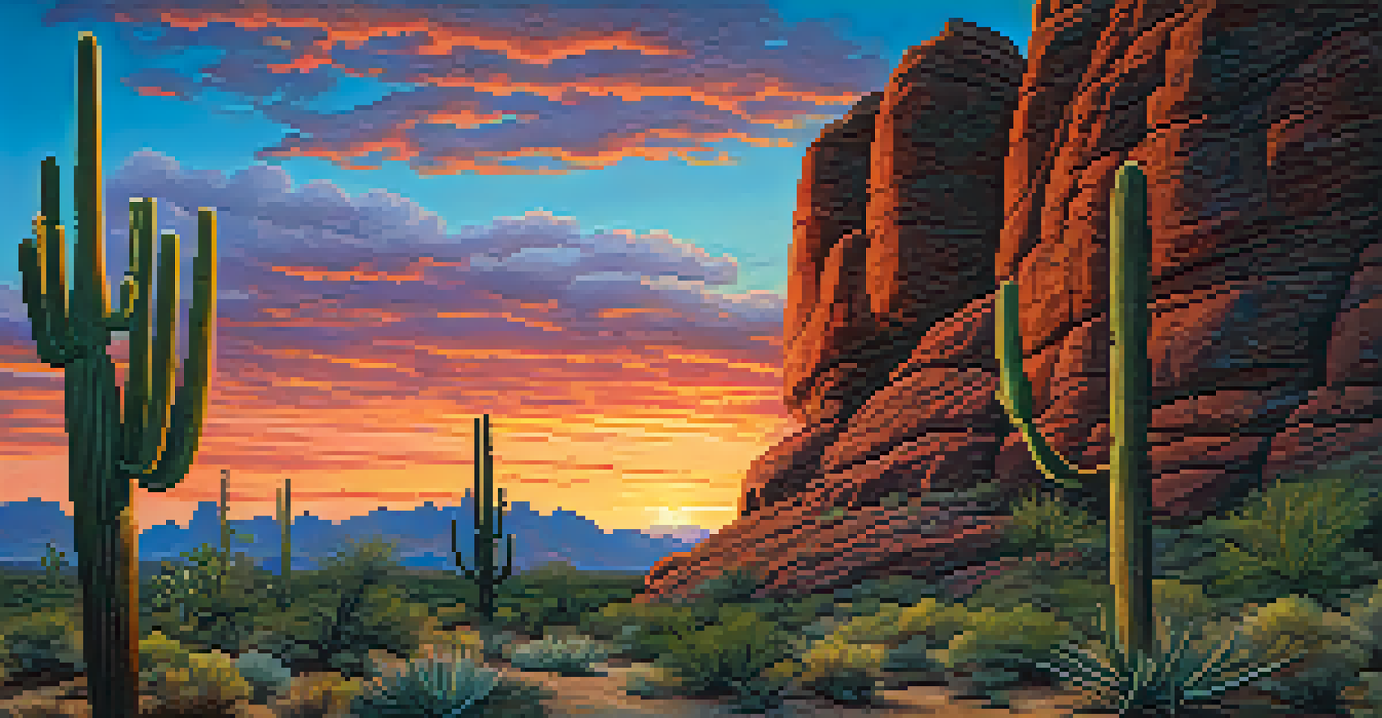 A sunset view of the Sonoran Desert with cacti and a rock formation inscribed with O'odham symbols, highlighting the cultural significance of the landscape.