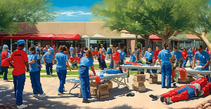 A diverse group of Tucson residents practicing first aid skills outdoors during a community emergency preparedness training session, with instructional materials and emergency kits visible.