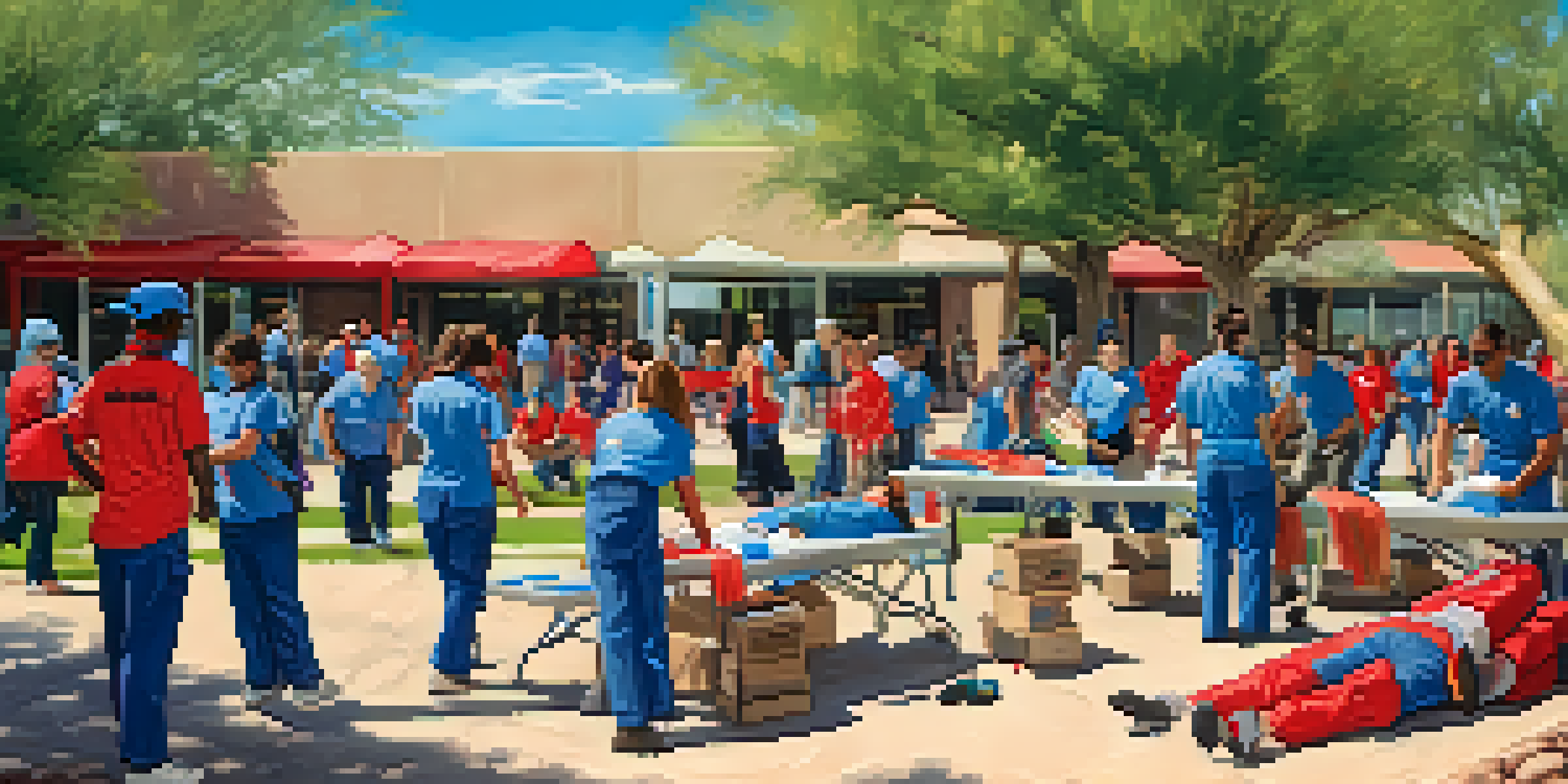 A diverse group of Tucson residents practicing first aid skills outdoors during a community emergency preparedness training session, with instructional materials and emergency kits visible.