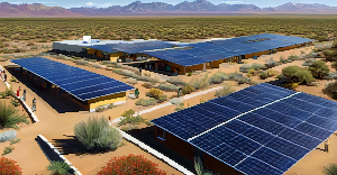 A diverse group of people gathered around a solar array in Tucson, discussing renewable energy, with a sunny landscape filled with cacti and shrubs.