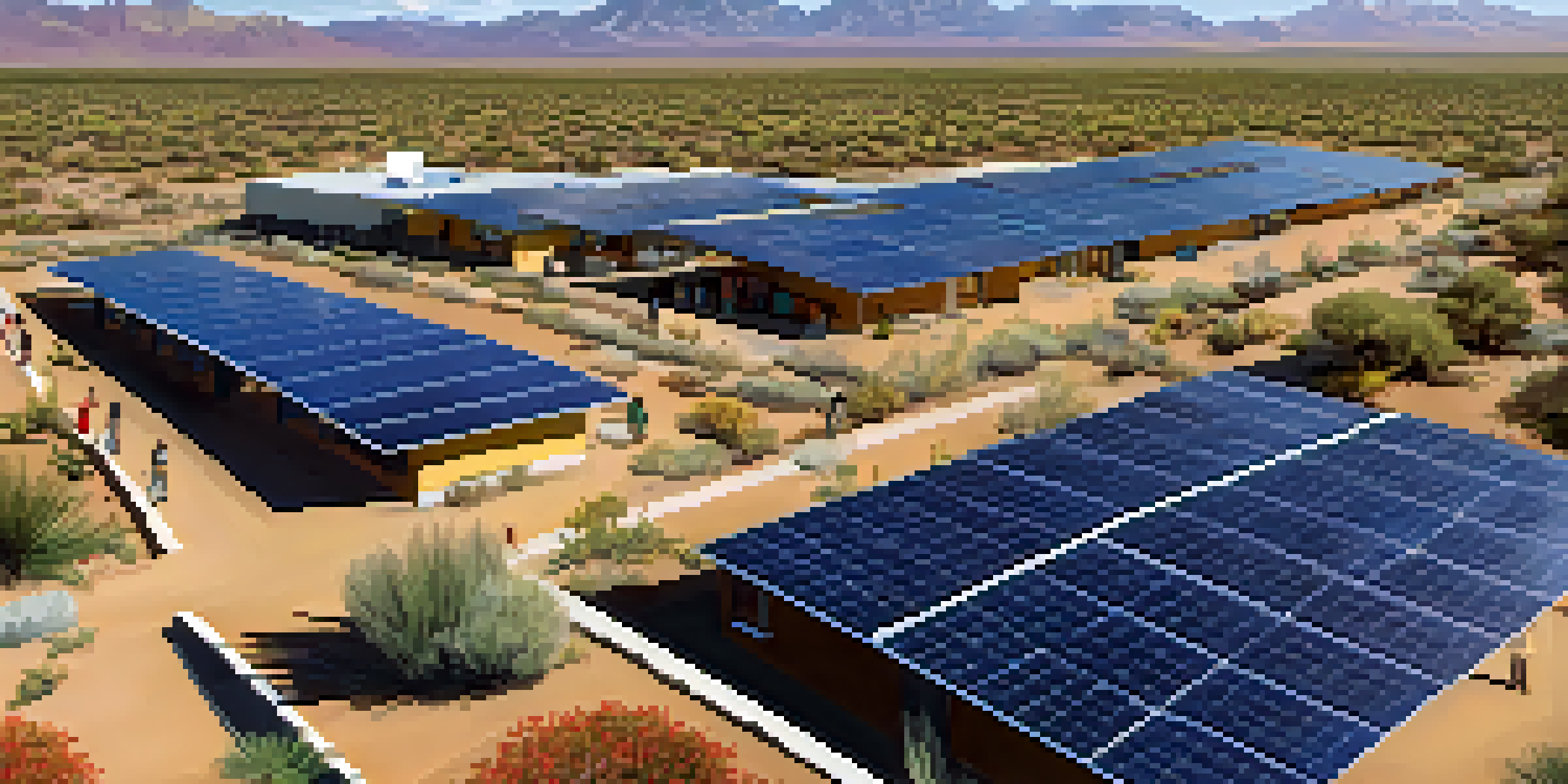 A diverse group of people gathered around a solar array in Tucson, discussing renewable energy, with a sunny landscape filled with cacti and shrubs.