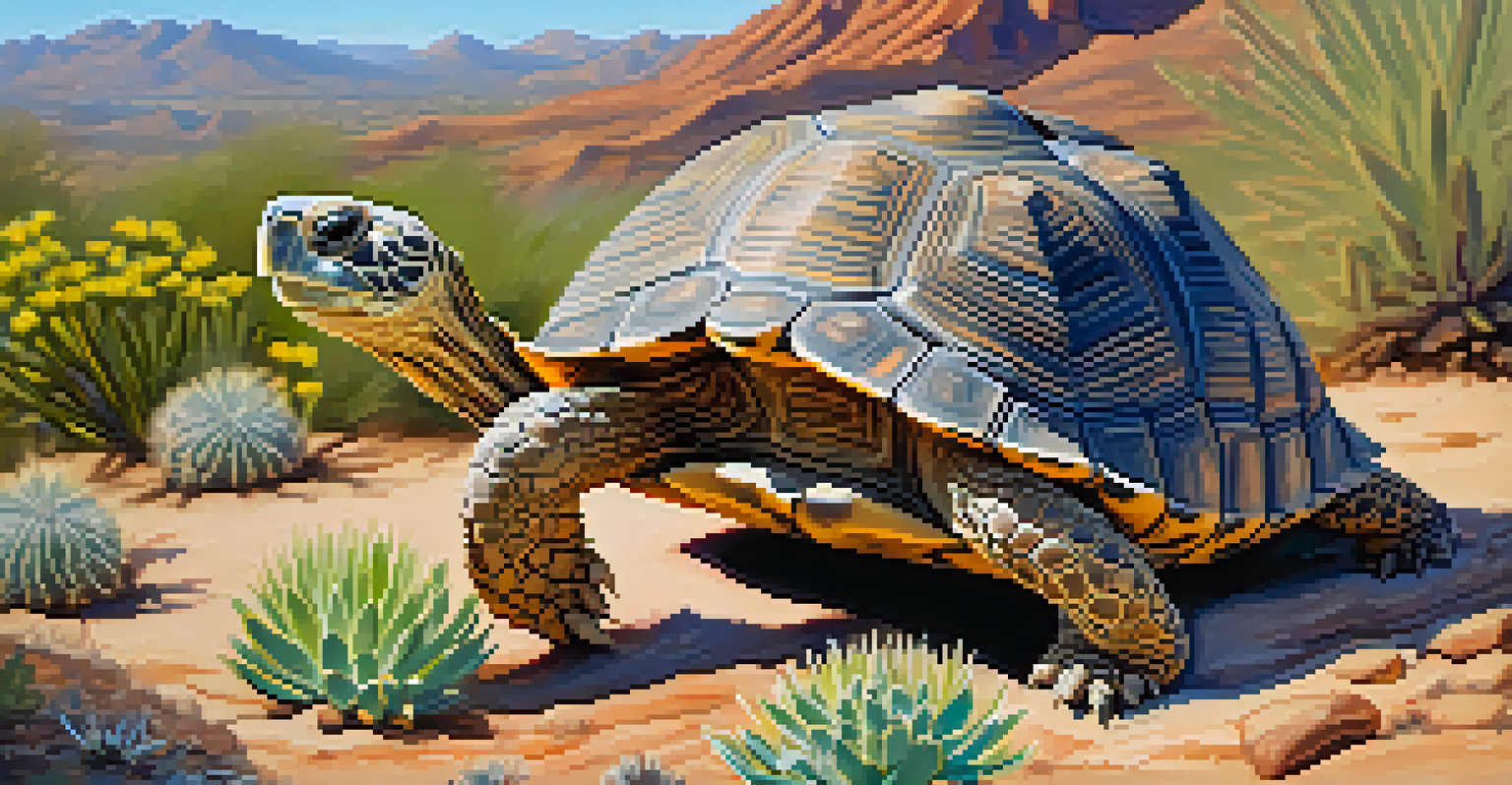 A close-up of a desert tortoise surrounded by desert plants and flowers.