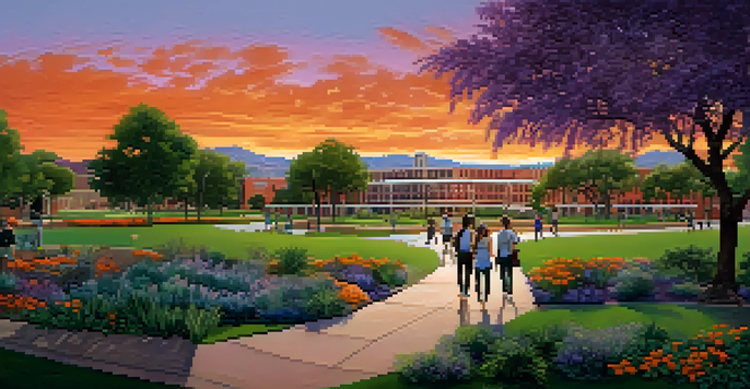 A sunset view of the University of Arizona campus with students walking amidst vibrant colors in the sky.