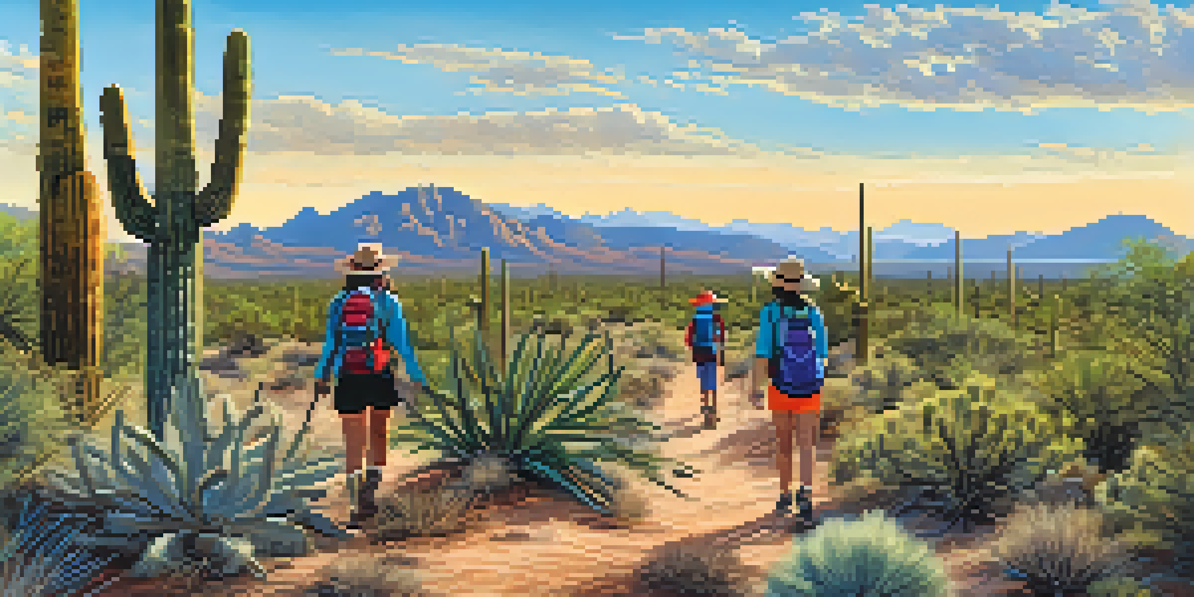 A family of four hiking on a desert trail, surrounded by saguaro cacti and mountains.