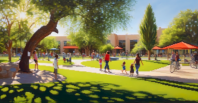 A lively urban park in Tucson with families engaged in outdoor activities, surrounded by greenery and sunlight.