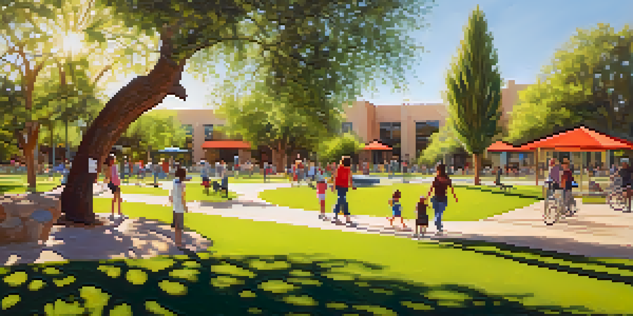 A lively urban park in Tucson with families engaged in outdoor activities, surrounded by greenery and sunlight.
