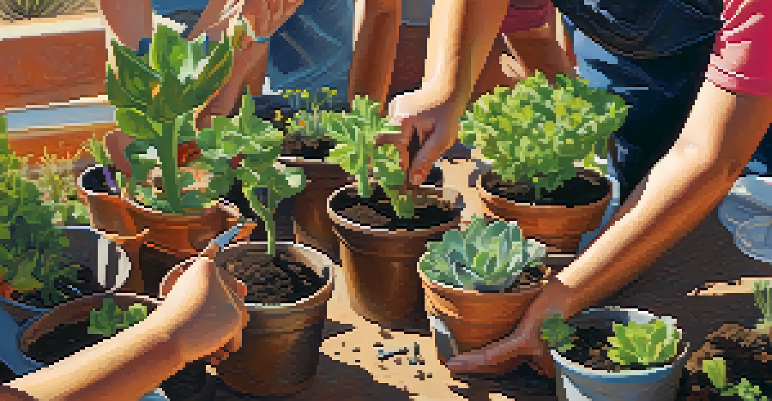 Hands of children and parents working together in a community garden project outside a Tucson school, planting flowers and vegetables.