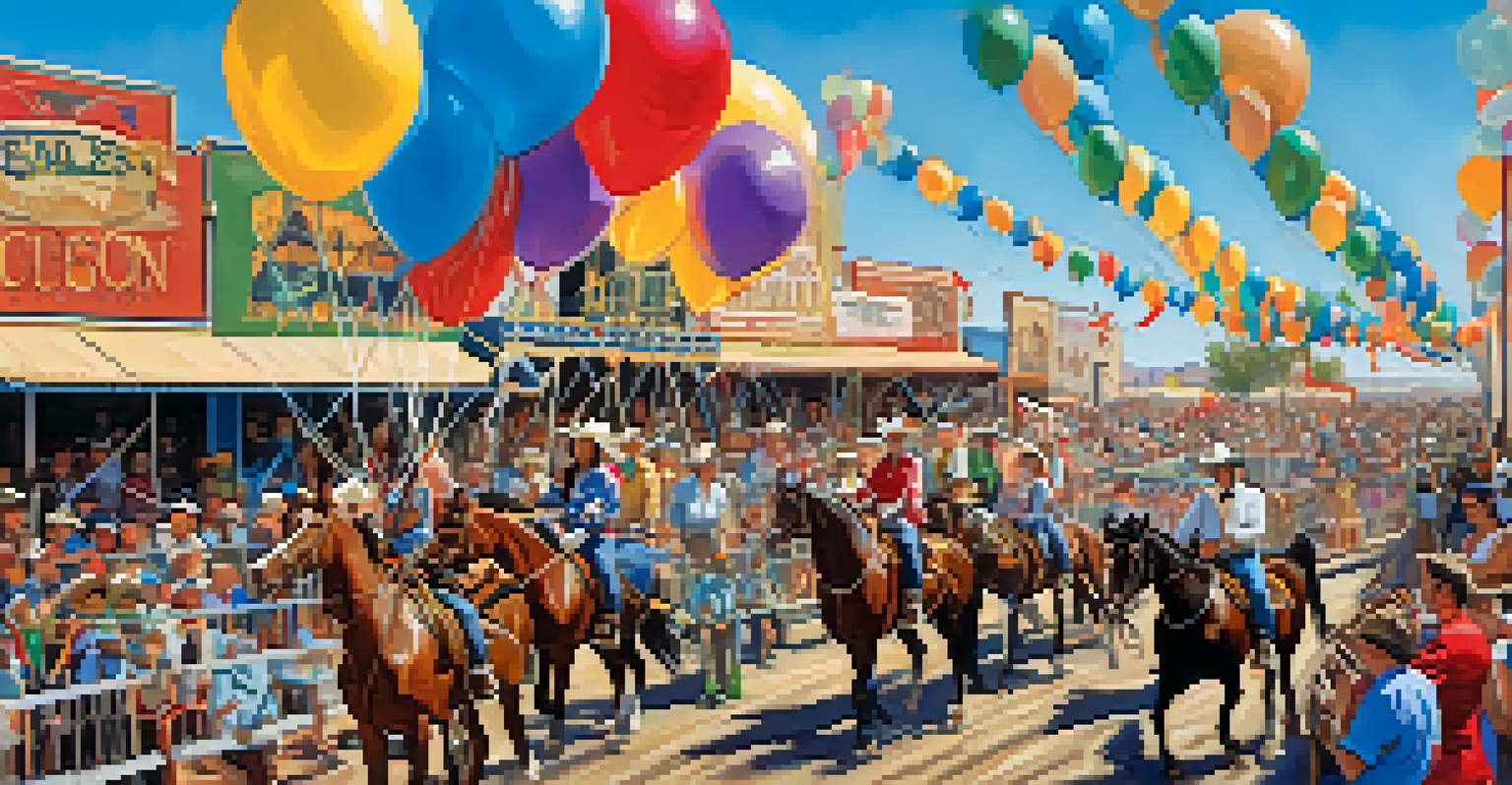 A festive parade at the Tucson Rodeo with floats, equestrian groups, and cheering spectators.