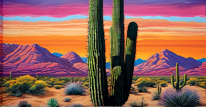 A detailed mural of a Saguaro cactus against a colorful sunset in a desert landscape.