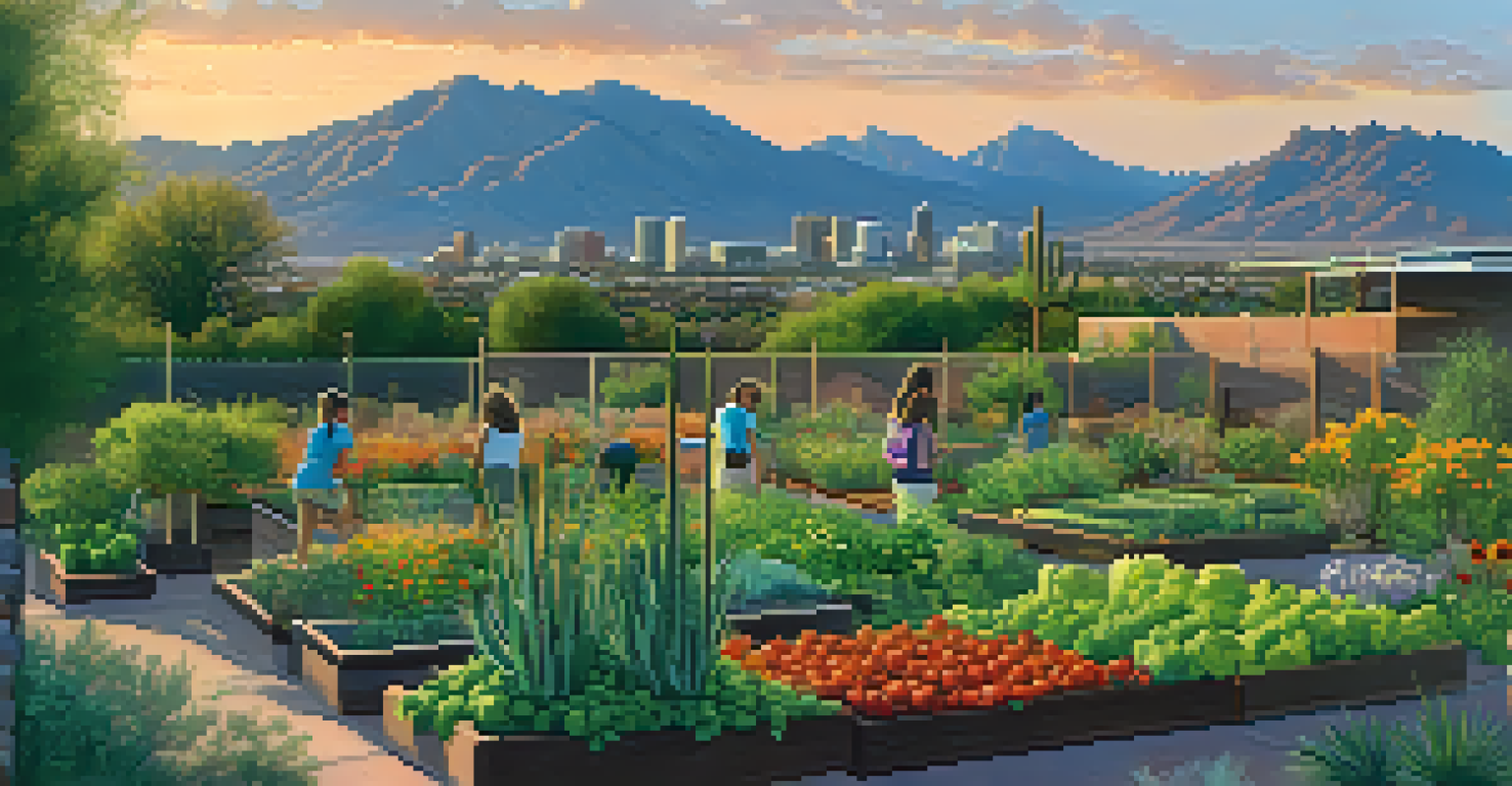 A community garden in Tucson with residents tending to plants and children playing, with the skyline and mountains in the background during sunset.