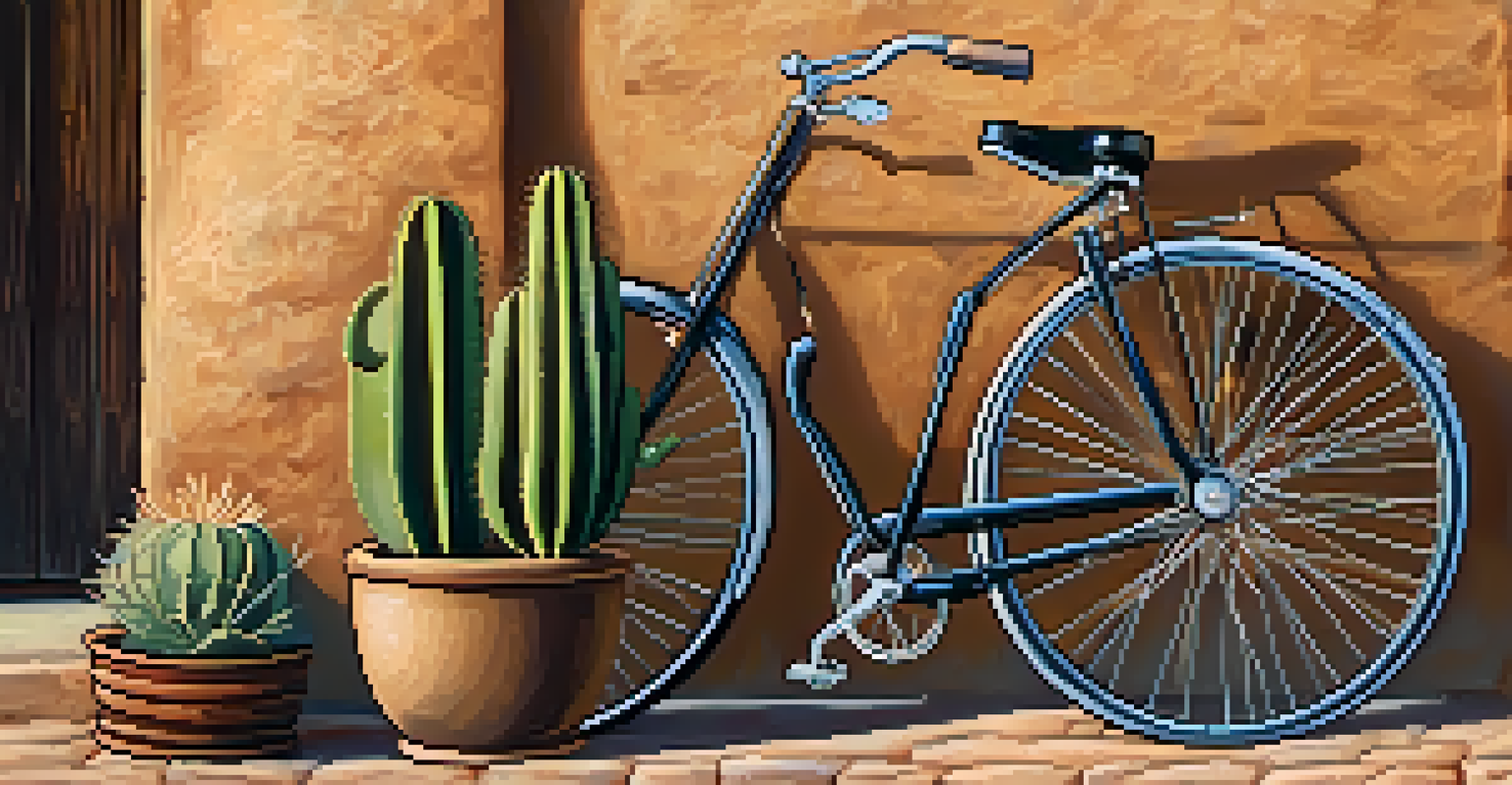A close-up of a vintage penny-farthing bicycle against a rustic adobe wall in Tucson, with a cactus plant nearby.
