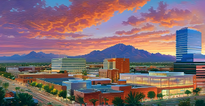 A colorful sunset over Tucson's skyline with modern and traditional buildings, people enjoying the outdoors.